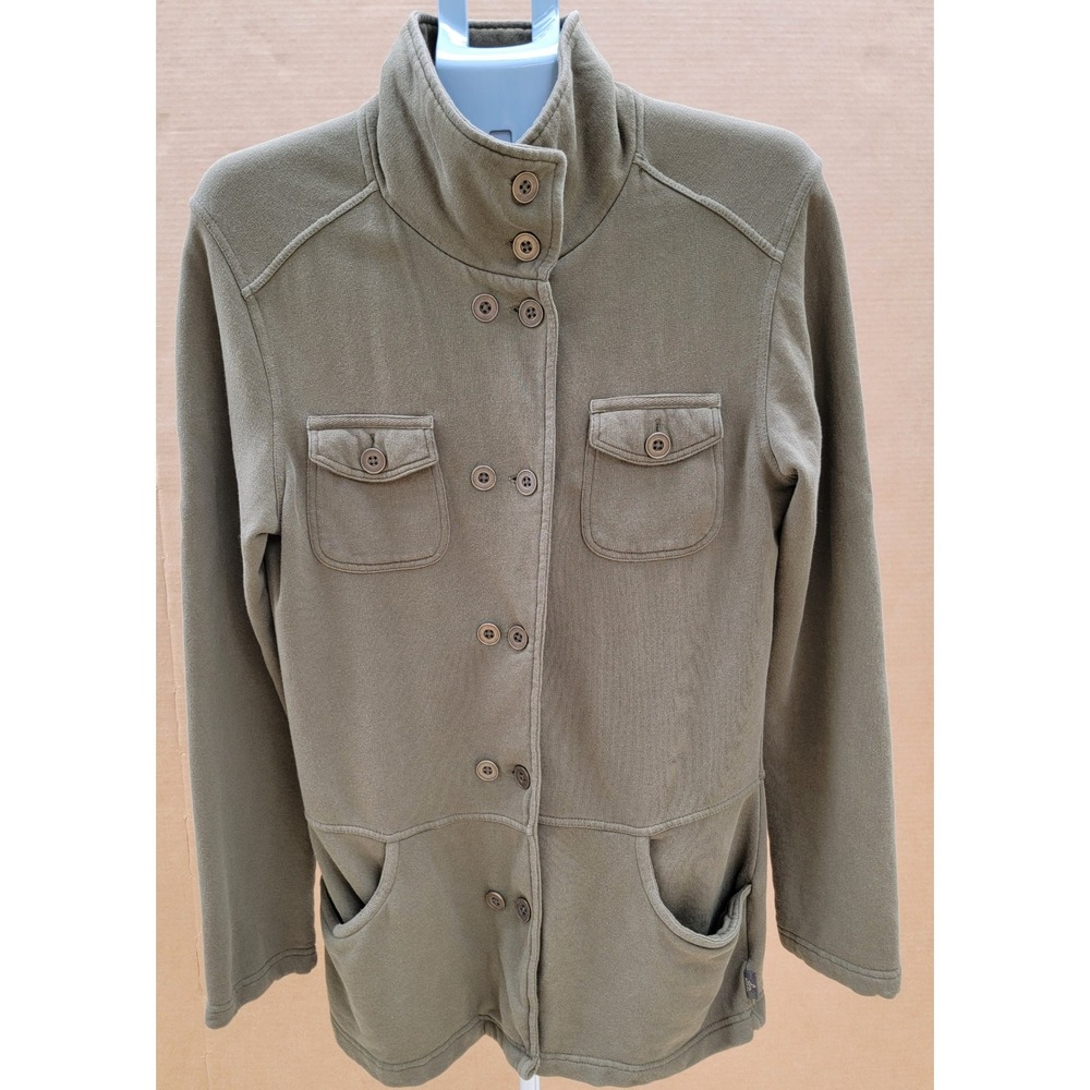 Prana Breathe Olive Green Cotton Military Jacket Funnel Neck Women XL Grunge